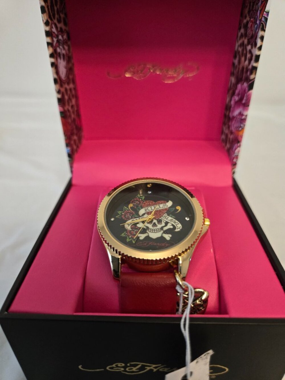 New Ed Hardy Skull & Roses Watch Red Leather Strap NWT Box